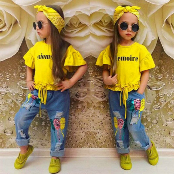 

Girls Fashion Clothing Sets Children Summer Trend Flare Sleeve Tees + Pants + Hair Accessories Three Pieces Set Girls Casual Tshirts 2020, Yellow