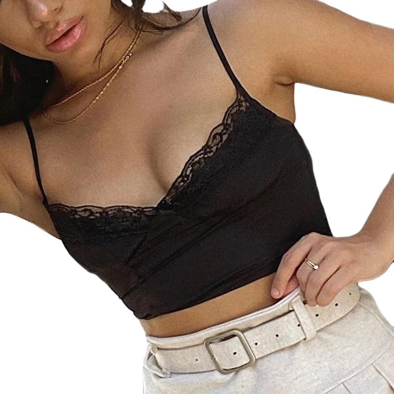 

Women Lace Patchworl Tank Tops For Girls Woman Vest Sling Sleeveless Vest V Neck Yellow Tanks Slim Female Crop Top Vestidos, Black