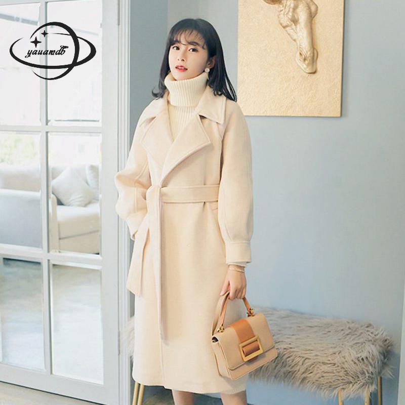 

womens wool coats winter female Blends jackets clothing turn-down collar long solid color belt warm ladies outerwear clothes 103, As picture