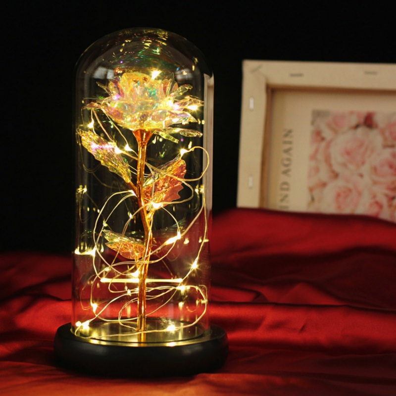 

Gold Foil Rose Glass Cover Valentine's Day Gift Home Artificial Gold Foil Artificial Rose Led Night Light Decoration, Flat base