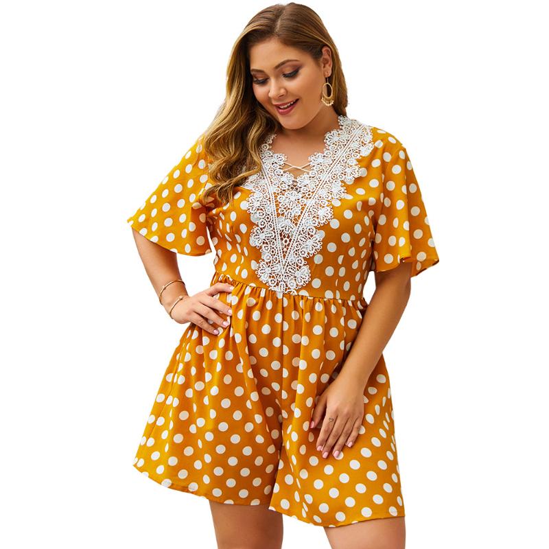 

Lace Patchwork Playsuits Women Loose Pants Dot Printed V-Neck Lacing Casual Dark Blue Summer Jurk Short Sleeve Playsuits Ladies, Orange