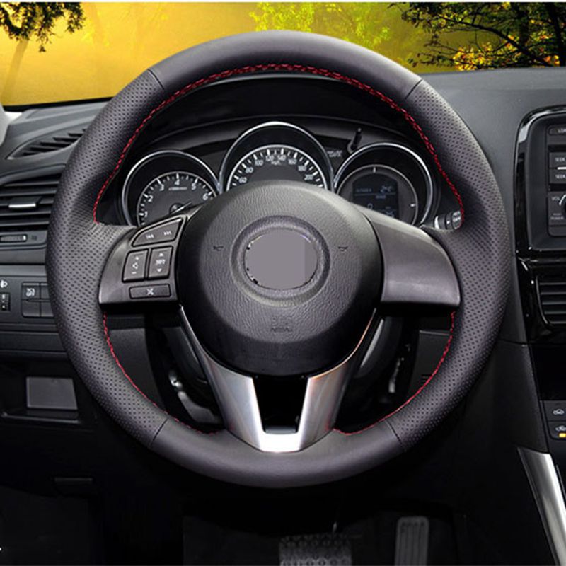 

DIY Hand-stitched Car Steering Wheel Cover Black Artificial leather for New 3 CX-3 2016 CX-5 CX5 Atenza 2014