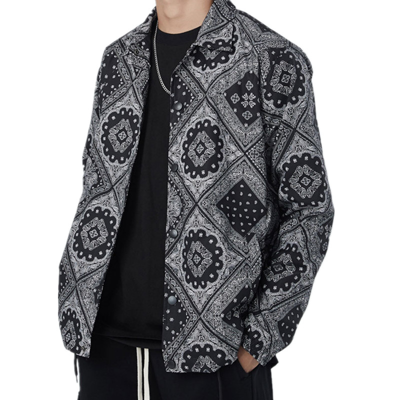

Cashew Flowers Print Coaches Jackets Streetwear Hip Hop Casual Snap Button Windbreaker Jacket Coat Fashion Hipster Tops, Black