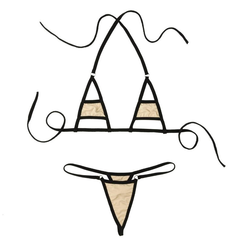 

Women Halter Neck Sexy Three Point Bikini Strap T-back Lingerie Set Micro G-string and Bra Top Triangle Hollow Cup, Black