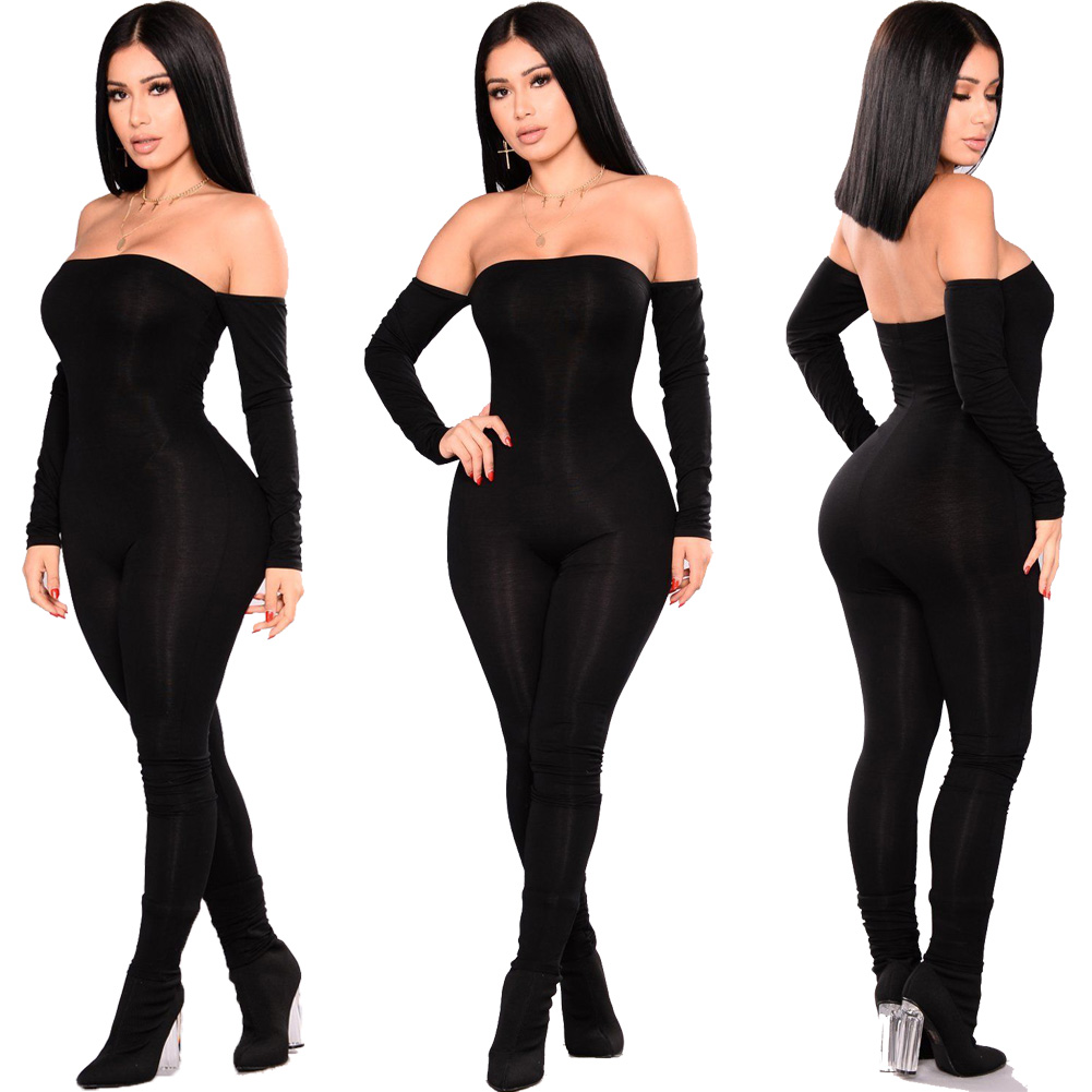 

Fashion Women Bodycon Jumpsuit Romper Playsuit Party Long Sleeve Off Shoulder Skinny Long Trousers Women Clothing, Black