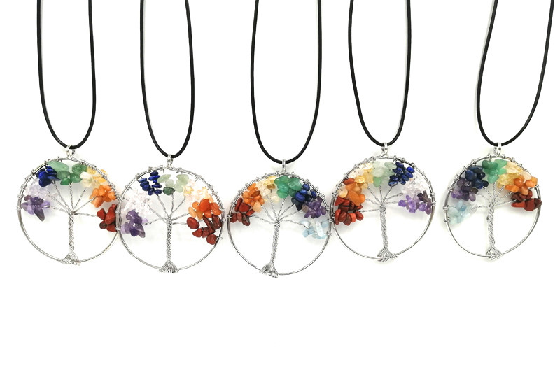 

JLN Seven Chakra Life Tree Pendant Multi Color Crushed Gravel Stone Wisdom Tree Pendant With Leather Chain Necklace For Woman