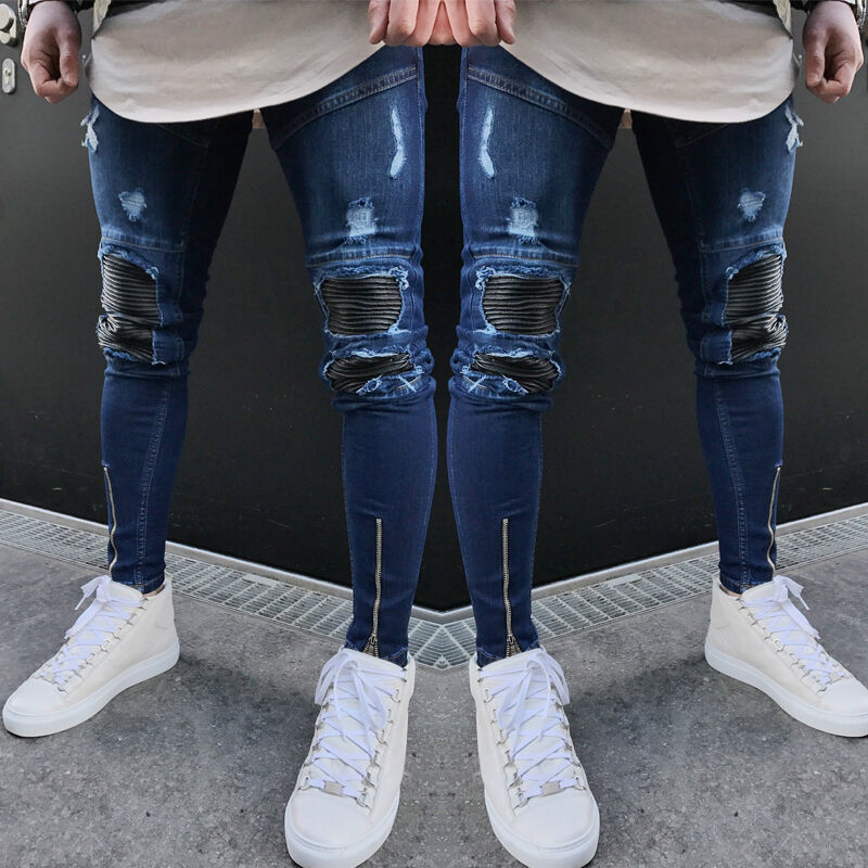 

2020 Fashion Design Men's Washed Ripped Destroyed Jeans Straight Vintage Frayed Denim Zipper Street Biker Pants, Blue