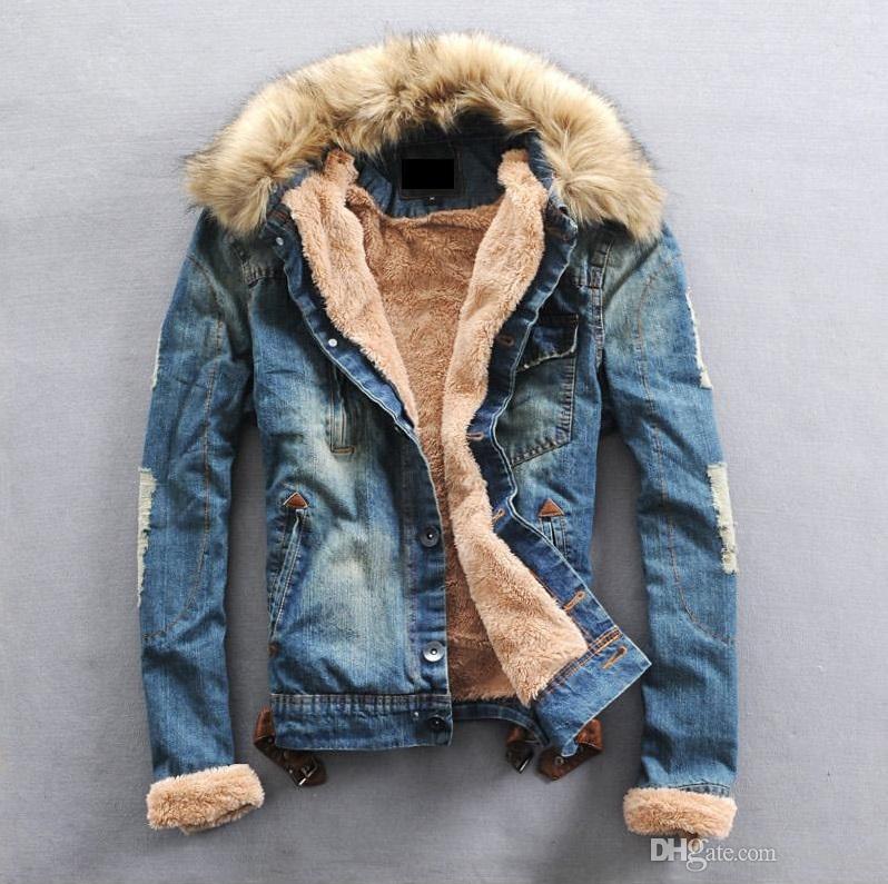 

Wholesale- 2019 Wholesale Winter Denim Jackets for men , Male Fur Collar Plus Thick Velvet Jeans Outwear Coat roupas masculinas, Black