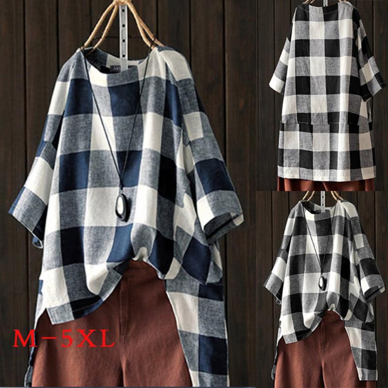 

Feitong 2020 Summer Plus Size Women Blouses Cotton Linen Short Sleeve Plaid Print O-neck Loose Tops Shirts Women Camisas Mujer, Black