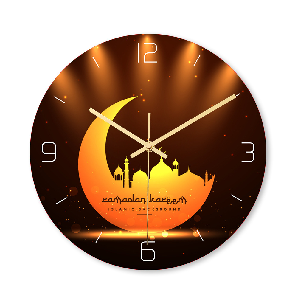 

New Muslim Pattern Happy Eid Wall Clock Round 3d Acrylic Silent Non-Ticking Clock Wall Art Decor Retro Watch Decoration