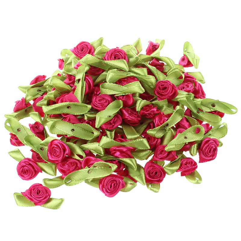 

100pcs Mini Satin Ribbon Rose Flower Leaf Wedding Decor Appliques Sewing DIY Main Color:Pink, Colorful