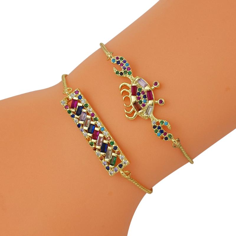 

Rainbow Crab Bracelets for Women Adjustable Bracelet Zirconia Rectangle Bar Shape Jewelry Gifts 24k Gold Hollow Bar Bracelet
