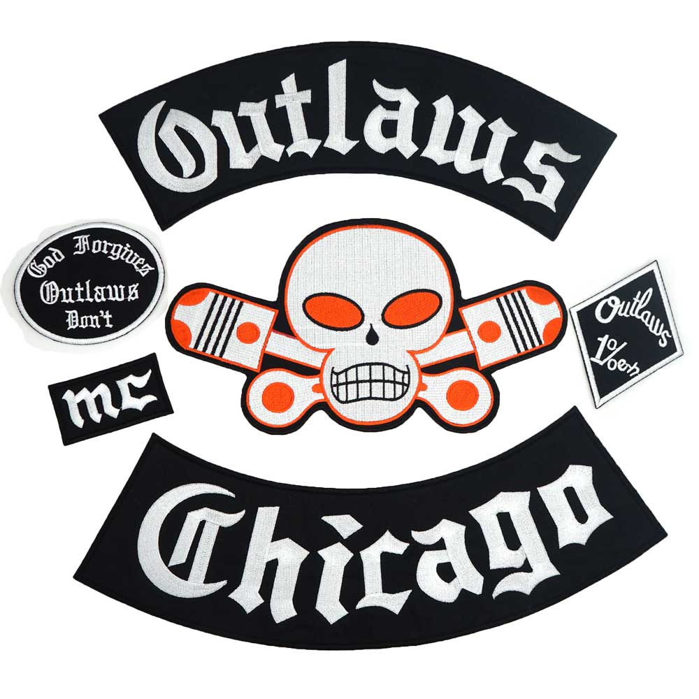 

6PCS/SET Outlaw Chicago MC Patches For The Jacket Vest Motorcycle Garment Clothes Bandit embroidery Patches Iron On