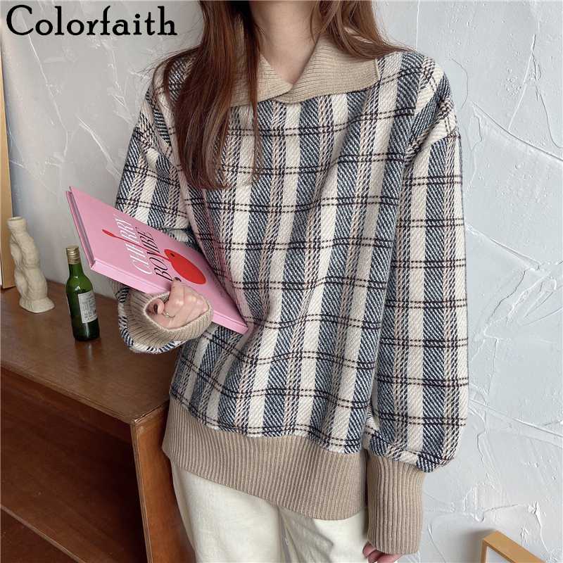 

Colorfaith Women's Sweaters Spring Autumn 2020 fashionable Casual Patchwork Plaid Lapel Long Sleeve Loose Knitting Tops SW8713, Beige