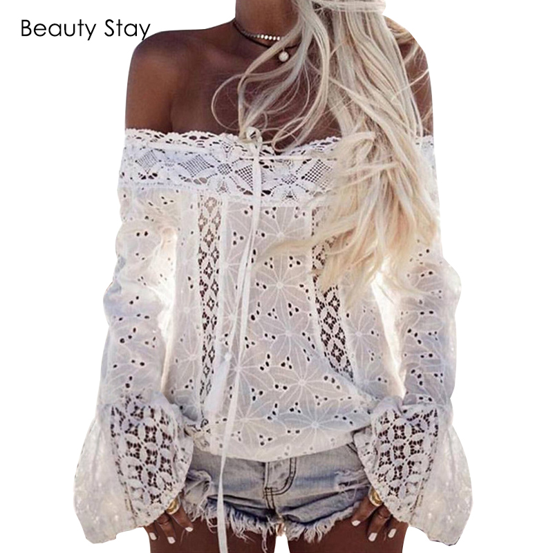 

BeautyStay Women Boho Sexy Lace Crochet Casual Tshirt White Bikini Cover Up Beach Wear Floral Lace Embroidered Summer Shirts