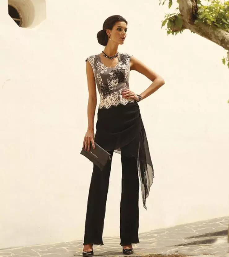 

Lace Black Two Piece Mother of the Bride Pant Suit Plus Size Mother Formal Wear Evening Dresses