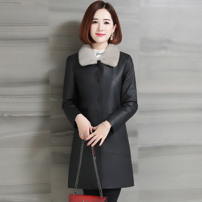 

Women's Down Jacket Autumn Winter Genuine Leather Sheepskin Jacket Women Slim Long Real Leather Coat Jaqueta Couro, Black