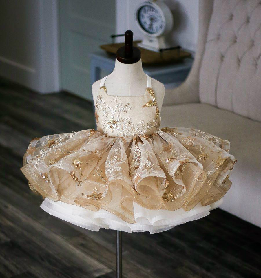

Mini Short Flower Girls Dresses Gold Sequins Appliques Kids Teens Pageant Gowns Birthday Party Dress For Wedding Cooktail Wear, Chocolate