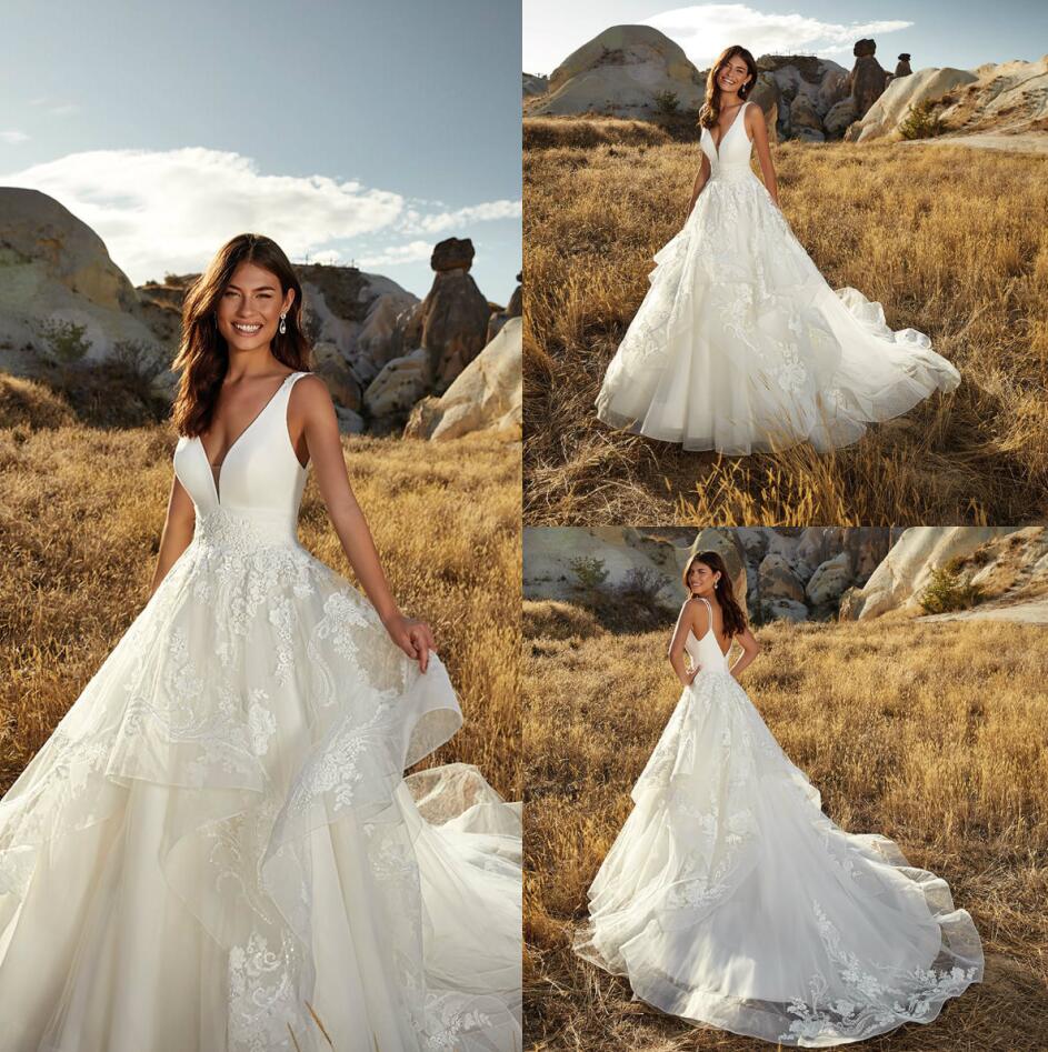 Eddy K robes de mariée Satin col en V robes de mariée volants dentelle Appliques balayage Train plage robe de mariée Vestidos