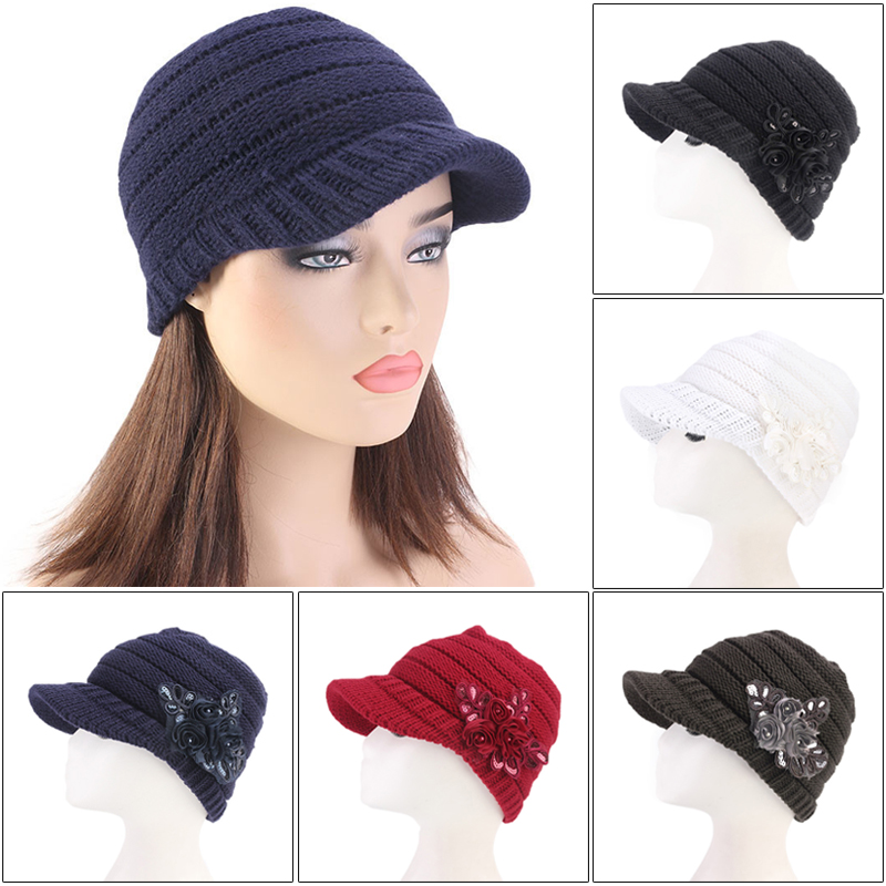 

Women Floral Flower Stretchy Knit Visor Hat Cap Warm for Autumn Winter Outdoor IK88, White