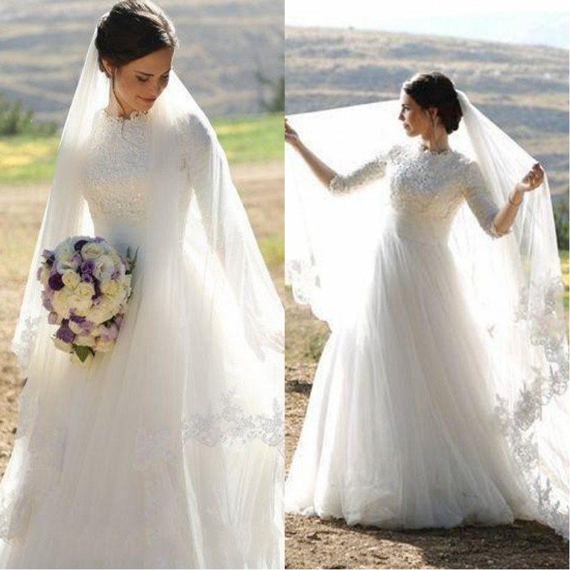 

2020 Muslim Wedding Dresses High Neck Half Sleeves Appliques Satin Tulle Floor Length Plus Size Wedding Gowns, White