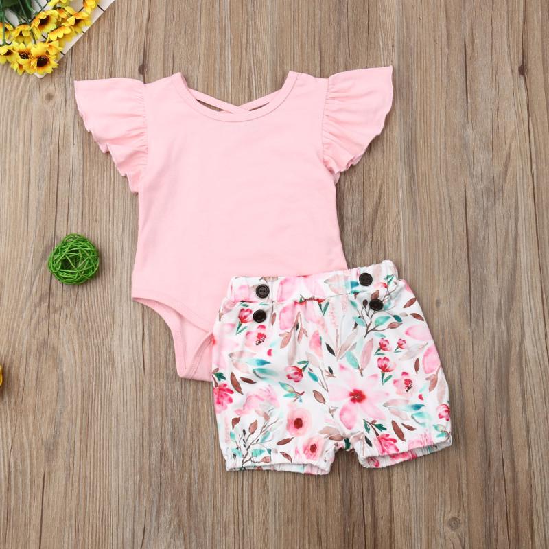 

2020 Newborn Toddler Baby Girl Floral Romper+Shorts Summer Outfits Clothes Print Sleeve Sets 2PCS Infants Clothings Sunsuits, Pink