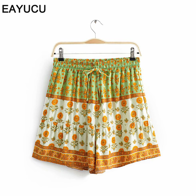 

EAYUCU 2020 Summer Vintage Women Floral Print Lace Up Bohemian Shorts Ladies Beach Loose Cotton Boho Bottoms Large Size EB006, Army green