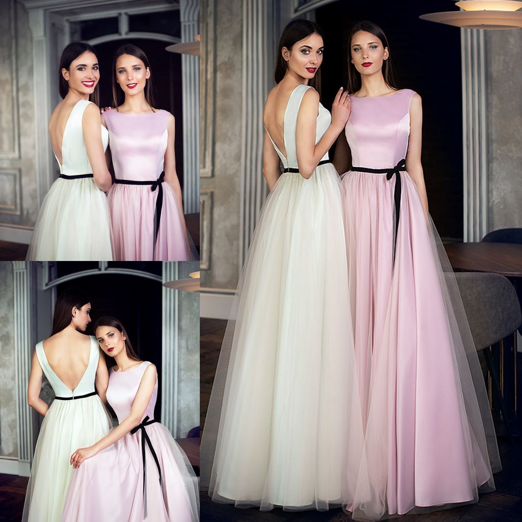 

Classic A Line Mukha Prom Dresse Jewel Neck Sleeveless Tulle Chiffon Sash Backless Party Dress Floor Length robes de soirée, Champagne