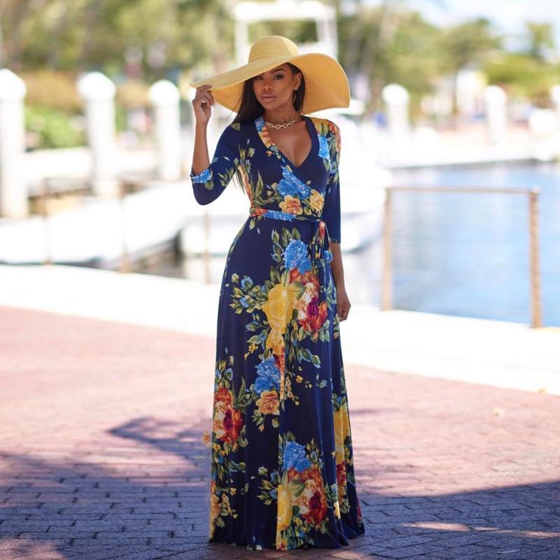 

Felyn 2020 New Famous Internet Celebrity Bohemian Dress Multi Color Print V-neck Long Sleeve Summer Beach Maxi Dress, Navy blue