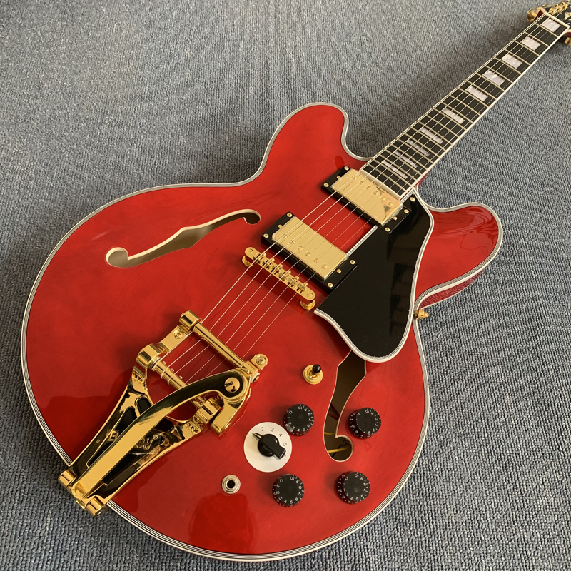 

Custom 335 red Semi Hollow Jazz Electric Guitar Tremolo system gold Black Pickguard Rosewood Fingerboard 190308