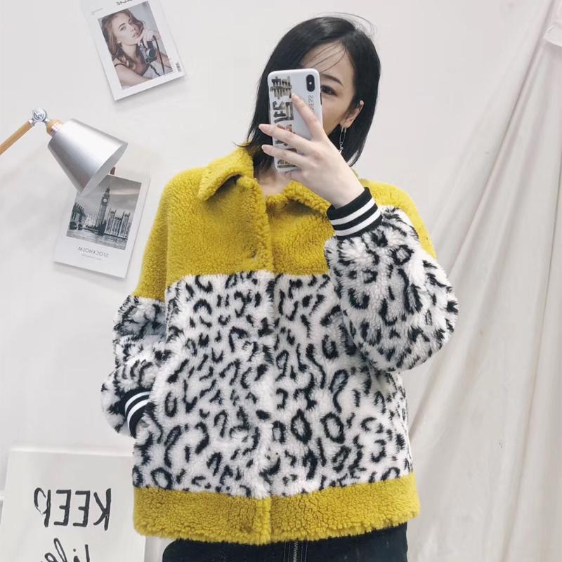 

2020 winter leopard print sheep Shearling Lamb Women Wool jacket with Faux Suede Leather Liner Fur Coat short, Blue