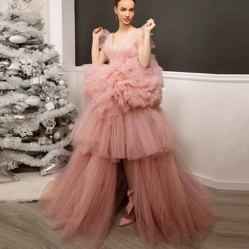 

Tiered Ball Gown Tulle Prom Dresses V-Neck Hi-Lo Formal Evening Dresses Ruffle Zipper Back Free Ship Evening GOWNS, Lavender