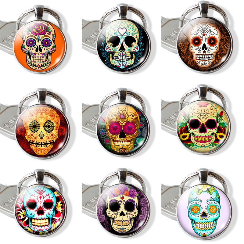 

Cute Keychain Mexico Folk Art Colorful Sugar Skull Glass Pendant Metal Keyring Day of the Dead Jewelry Gift Halloween Gift