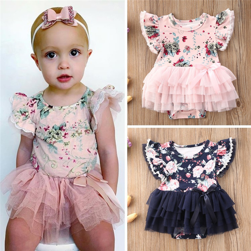 

0-24m Baby Girl Rompers Floral Print Ruffled Sleeve Rompers For Newborns Tops Summer Casual Tulle Tutu Dress Girls Jumpsuit, Blue