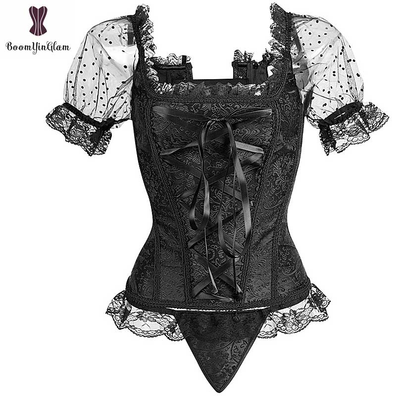 

Floral Corset Clothes Women Short Sleeves Gothic Sexy Outwear Bustier Overbust Korsett For Women Contrast Color Corselet Top Hot, Black