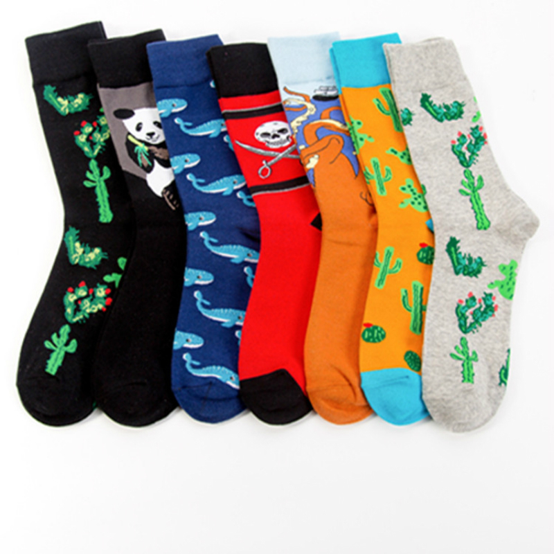 

Cute Octopus Whale Panda Animals Plant Cactus Cartoon Happy Men Socks Fashion Funny Harajuku Casual Cotton Socks Autumn Winter 2pcs=1pairs, Black