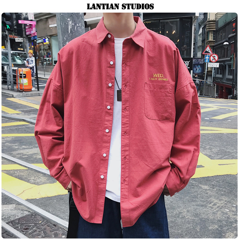 

LT Studios Korean Streetwear MenLong Sleeve Shirts 2019 Autumn Women's Oversized Blouse Weeked Embroidery Man Casual Shirts Tops, White