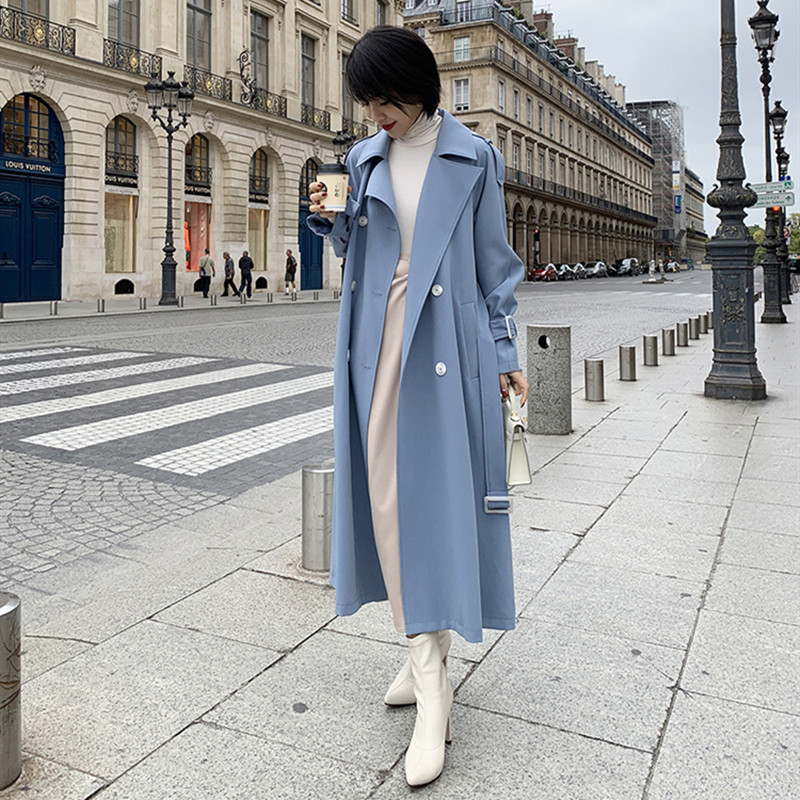 

2020 New Spring Autumn Long Trench Coat Women Fashion Double Breasted Belt Trench Coats Casual Business Outerwear b117, Blue