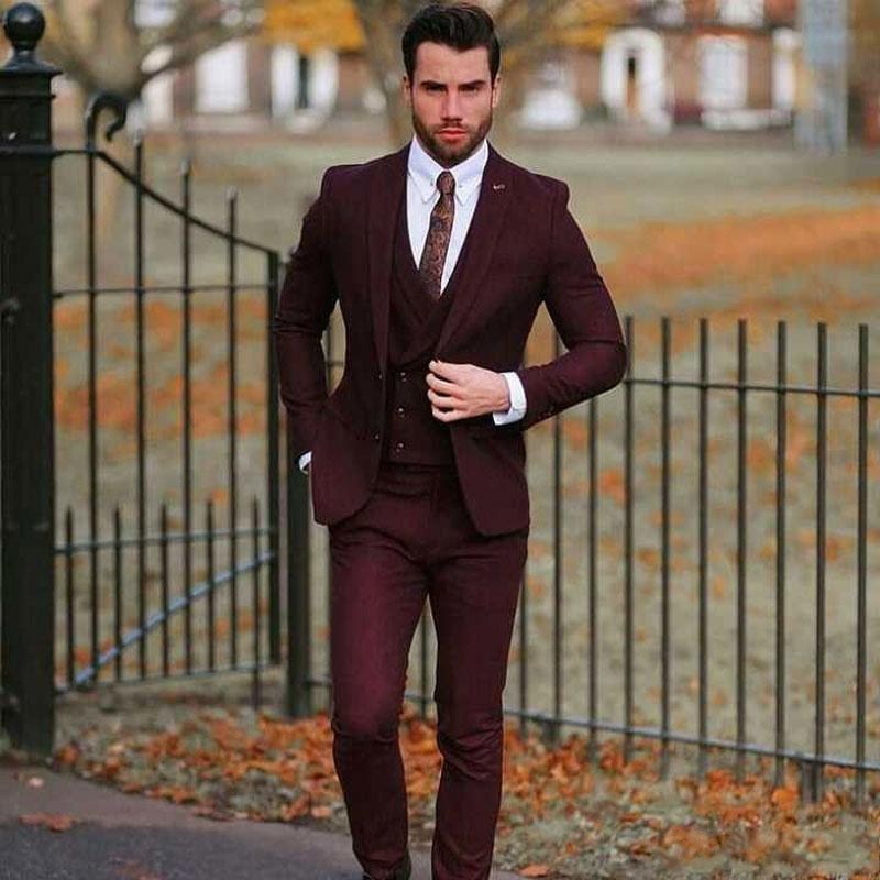

Latest Design Two Buttons Burgundy Wedding Men Suits Peak Lapel Three Pieces Business Groom Tuxedos (Jacket+Pants+Vest+Tie) W1126, Same as image