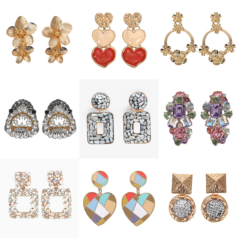 

new fashion designer exaggerated vintage geometry diamond colorful rhinestone crystal flower heart pendant stud earrings for women girls, Golden;silver