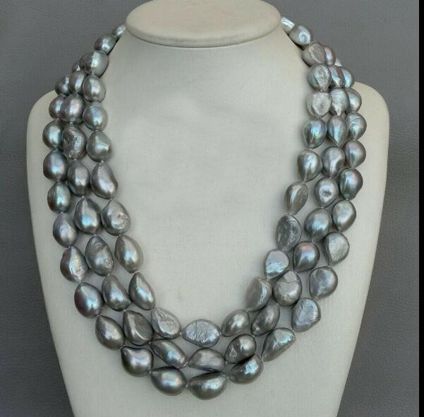 

3 strands 12x13mm gray baroque pearl 3 rows necklace natural freshwater pearl Woman Jewelry 35cm 43cm 17'' 14''