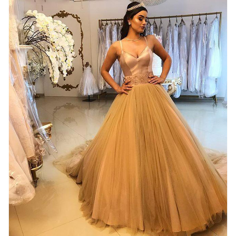 

Gold Tulle Evening Party Gowns with Beaded Sash Spaghetti Sweetheart Prom Dresses A Line Bride Gowns, Ivory