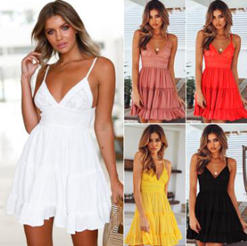 

Ladies Luxury Sexy Lace Strap V-Neck Dress 5XL Large Size Dress Summer Dress Lady Clothes Vest Chiffon, Pink