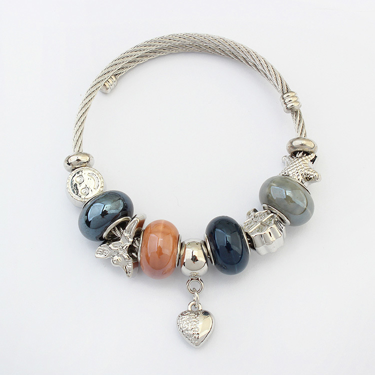 Fashion Bohemian Retro Style Silver Plated Stainless Steel Bangle Alloy Heart Charm Beads Bracelet-image-441963572