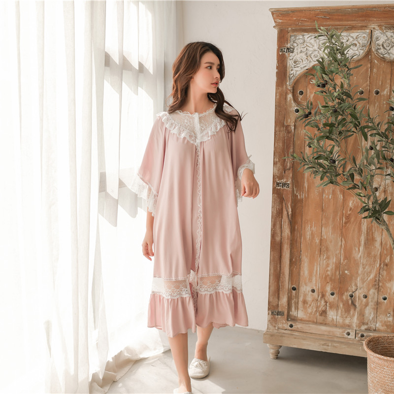 

Sweet Fashion White Lace Women's Long Nightgowns Summer Half Sleeve Soft Viscose Loose Female Sleepwear Plus Size, Green