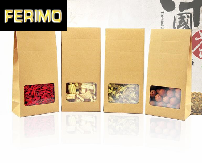 

100pcs New Kraft Paper Packaging Bag Stand up Transparent Window Box Retail Sweet Candy Cookies Nut Packaging Pouch 3 Sizes