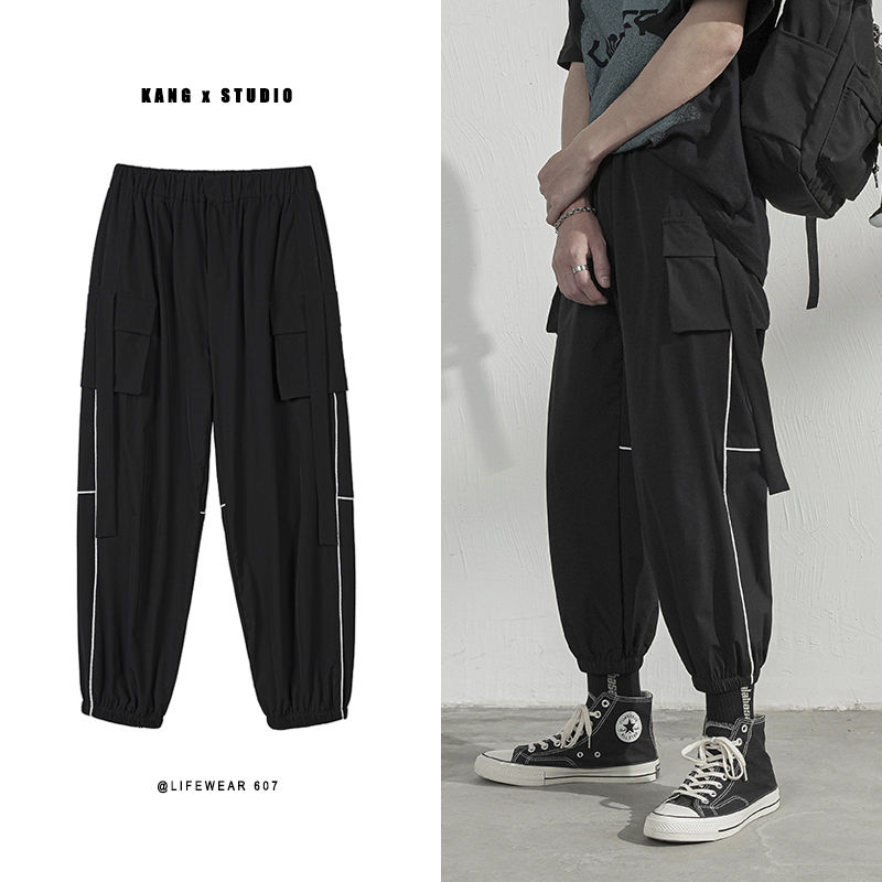 

Summer Sports Pants Men's Fashion Solid Color Multi-pocket Overalls Men Streetwear Wild Loose Hip-hop Casual Pants Mens -2XL, Black