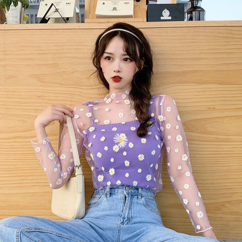 

Korean Style Long Sleeve Mesh Blouse Women Cute Floral Print Sexy See-through Shirts Summer Female Fashion O Neck Tops Blouses, Black