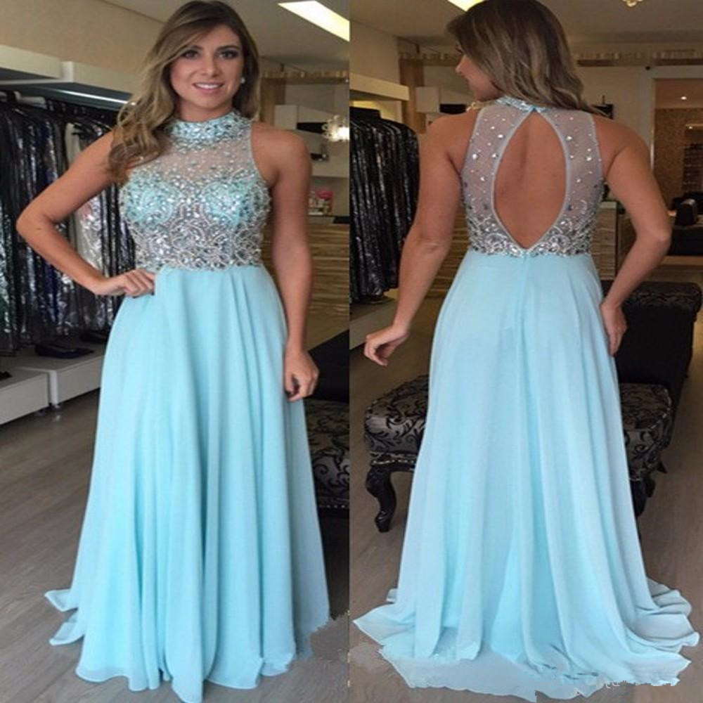 

Delicate Open Back High Neck Prom Dresses 2019 New Sleeveless Beads Blue Chiffon Long Evening Dreses Custom Party Gowns 117, Light sky blue