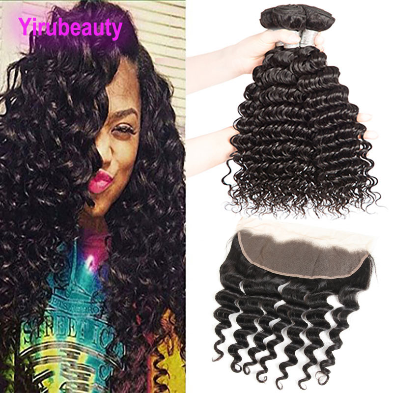 

Brazilian Human Hair 3 Bundles With 13X4 Lace Frontal Pre Plucked Deep Wave Curly 4 pieces/lot Virgin Hair 95-100g/piece, Natural color